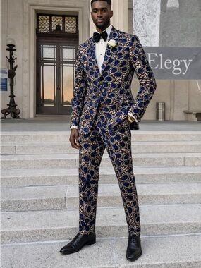 Laurence Airline Blue and Gold Wax Print Peacock Tailored Tuxedo Suit UK48/US34